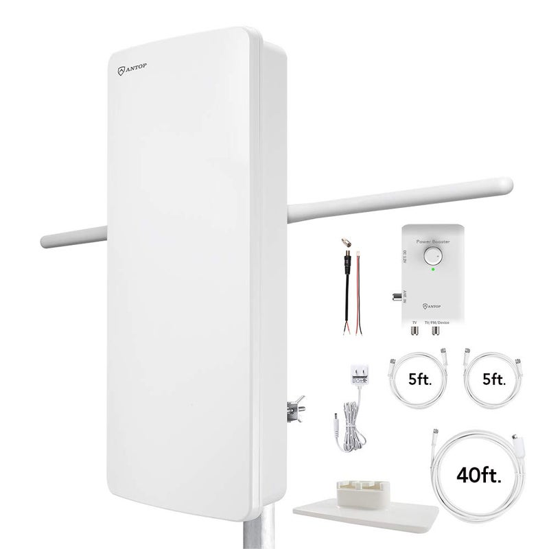 ANTOP HDTV ï¼† FM Amplified Antenna Outdoor Indoor 85 Miles AT-800SBS Antenna with Dual Outputs Smart Boost System, Support TV and Second Device-FM Stereo, a Second TV or Any OTA-Ready Streaming Device - Image 1